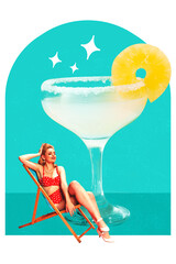 Elegant young woman in vintage swimsuit sitting with margarita cocktail. Summer relax. Contemporary art. Concept of beauty, party, alcohol drink, celebration, pin up and pop art. Vintage paper effect