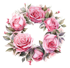 Watercolor pink wreath of flowers. Generative AI, png image.
