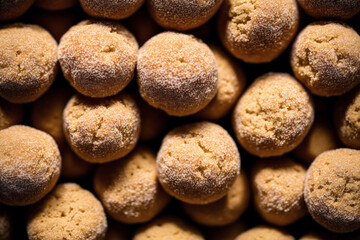 Sweet amaretto cookies in the shape of a ball sprinkled with powdered sugar on a wooden background. Generative AI