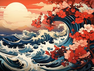 Beautiful Flower and Wave Background with Hokusai Art Style
