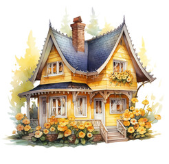 Watercolor yellow house with flowers. Generative AI, png image.