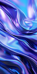 Violet, silver and navy blue iridescent holographic surface shining. Futuristic twisted and crumpled aluminum foil made of liquid metal with color gradients.