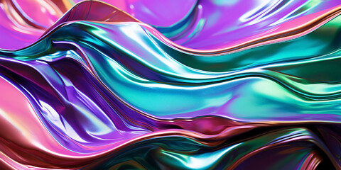 Pink, green and teal iridescent holographic surface shining. Futuristic twisted and crumpled aluminum foil made of liquid metal with color gradients.
