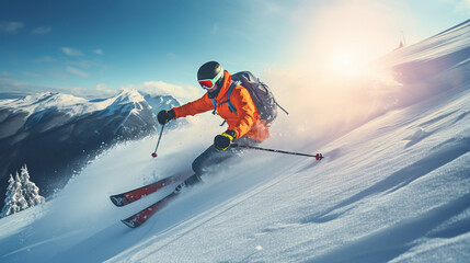 Graceful Skier Descending a Snowy Mountain
