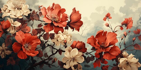 Beautiful Blooming Flowers Illustration in Vintage Art Style. Exotic Floral Background
