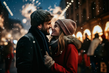 Loving Couple under christmas fireworks enjoying of a charming holidays on New Year's Eve. - 664956085