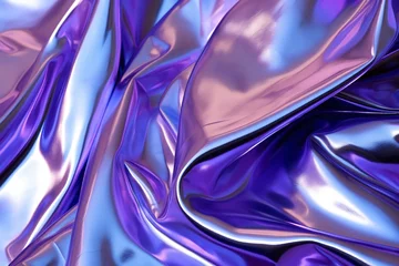  Silver, purple and dark blue iridescent holographic surface shining. Futuristic twisted and crumpled aluminum foil made of liquid metal with color gradients. © Cala Serrano