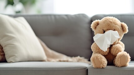 A brown teddy bear sits on a sofa and appears to be wiping its nose.
