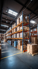 Retail warehouse with shelves on which are cardboard boxes, a store warehouse or a sorting room for product delivery