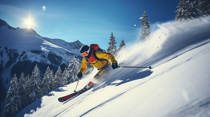 Graceful Skier Descending a Snowy Mountain