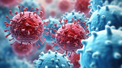 An illustration of HIV/AIDS virus cells on a medical science background. - obrazy, fototapety, plakaty