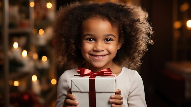 black beautiful girl in an elegant dress holds a gift box with ribbons, Christmas, New Year, celebration, holiday, birthday, present, child, childhood, kid, toddler, bow, smile, emotion, portrait