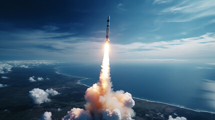The rocket takes off into the sky. Lots of smoke and gas, Farewell Atlantis, generative ai - obrazy, fototapety, plakaty