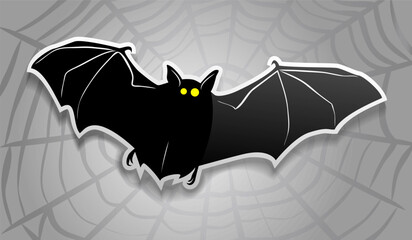 Bat on a background of cobwebs. Sticker. Print design. Cute Halloween bat vampire icon. - obrazy, fototapety, plakaty