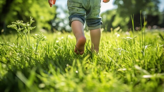 A barefoot baby strolling on fresh, green grass.