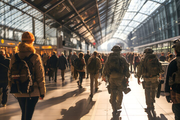 Two military personnel patrol at an airport. Increased attack alert level. crowded airport with two military seen from behind to ensure security in case of terrorist attack.