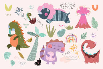 Set of four cute dino in pastel colors, plants, volcano, rainbows, spots. Colorful stickers, vector illustration.Doodle	
