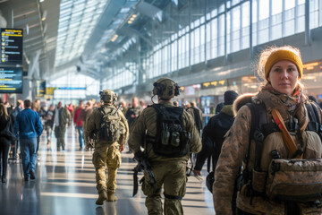 Two military personnel patrol at an airport. Increased attack alert level. crowded airport with two military personnel seen from behind to ensure security in case of terrorist attack or threat. - obrazy, fototapety, plakaty