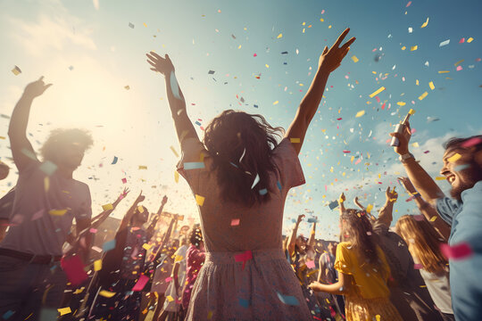 A group of people are celebrating with confetti and music, enjoying outdoor party setting on a sunny day.