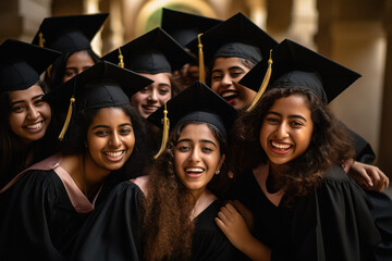 Obraz premium Happy graduating group of girls in caps and gowns celebrating at campus.