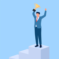 People pose to win championships and hold up fake trophies, a metaphor for flaunting wealth for Ponzi. Simple flat conceptual illustration.