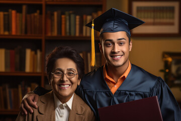 Happy graduation student with her mother celebrating at home.