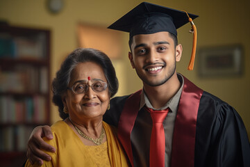 Happy graduation student with her mother celebrating at home.