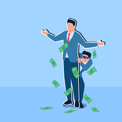 People hide behind rich people's posters, a metaphor for flaunting wealth for ponzi. Simple flat conceptual illustration.