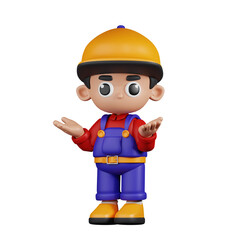 3d Character Mechanic Confused Pose. 3d render isolated on transparent backdrop.