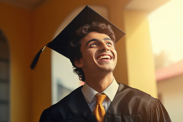 indian male graduate student in mortar board and bachelor gown.