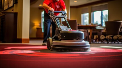 A professional disc machine applies foam, rubs, and cleans a carpet. - obrazy, fototapety, plakaty