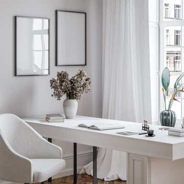 Naklejki Mockup poster frame in modern home office interior background, 3d render