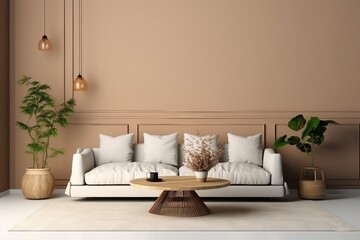 Fototapeta na wymiar interior design, Sofa and wood round table in brown living room,3D rendering. generative ai.