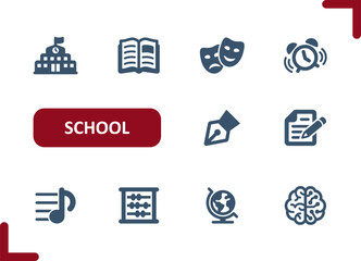 School Icons. Education, Book, Drama, Pen, Writing, Test, Brain, Knowledge Icon
