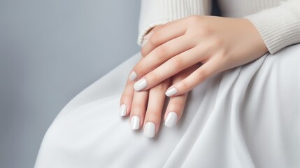 Beautifully groomed woman's hands with white nails against a light gray background. - obrazy, fototapety, plakaty