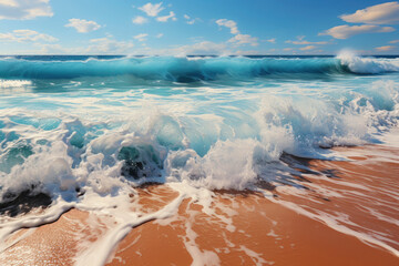 Beautiful tropical beach with white sand, turquoise ocean against blue sky with clouds on sunny summer day.