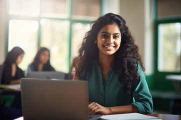 Obraz premium Young college girl using laptop