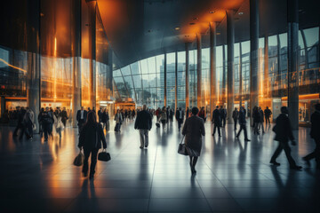 Blur abstract background of business people walking in the walkway of building office/ silhouettes motion style.