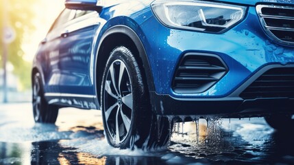 A blue compact SUV with a sporty, modern design is being washed with water, illustrating the concept of car care services. - obrazy, fototapety, plakaty