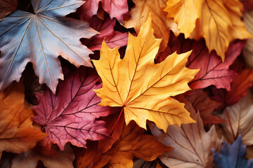Naklejka na ściany i meble Red and orange autumn leaves background. Outdoor. Colorful backround image of fallen autumn leaves perfect for seasonal use.