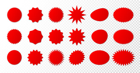 A large set of red sale advertising badges on a white background. Discount sticker, advertising badge, trade label. Vector EPS 10.