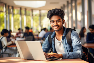 Young college student using laptop, smiling - obrazy, fototapety, plakaty