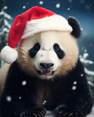 portrait of a funny panda with a santa hat, suitable for christmas greeting cards - ai-generated