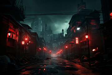 Futuristic virtual cyberpunk City with abstract pedestrian with Neon light from billboards and...