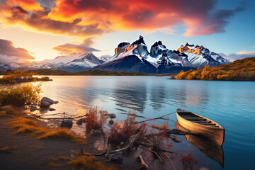 Scenery with mountains at sunset, Torres del Paine National Park, Patagonia, Chile - obrazy, fototapety, plakaty