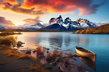 Fotobehang Scenery with mountains at sunset, Torres del Paine National Park, Patagonia, Chile © Tjeerd