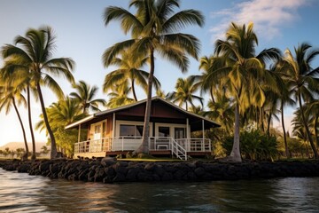 waterfront bungalow with palm trees swaying - obrazy, fototapety, plakaty
