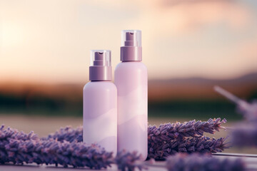 Cosmetics. Mock-up bottle. Natural cosmetics with lavender flowers. Useful medications. Care product