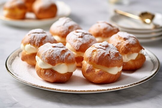 Yummy profiteroles with creamy filling and powdered sugar on a white marble table, from above. Generative AI