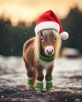 portrait of a funny little pony with a santa hat, suitable for christmas greeting cards - ai-generated